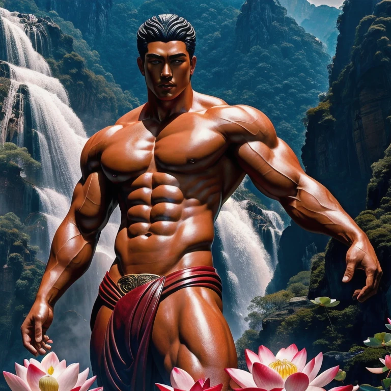  statue of handsome chinese male, naked muscular, handsome manly face, detailed hands,  floating red ruby lotus , full body, masterpieces, super detail, epic composition, ultra HD, high quality, extremely detailed, official art, unified 8k wallpaper, Super detail, 