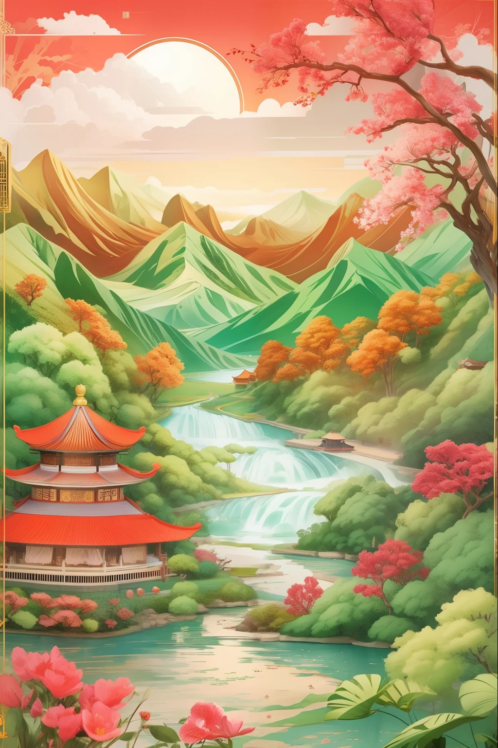 (China - Chic Chinese landscape,Oriental elements),(China-Fashion Illustration:1.5,Vector Painting:1.5),(Chinese Color,Advanced color matching,Gradient background,White background),(Very detailed content,Reasonable design,Clear lines,High Definition Quality,masterpiece,Official Art,Movie lighting effects,4K)