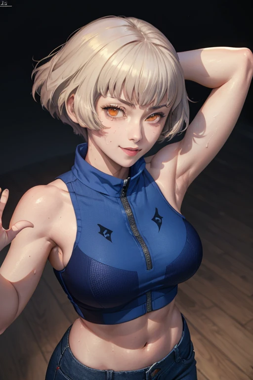 masterpiece, best quality, elizabeth persona 3, wearing blue sportbra, croptop, blue pants, looking at viewer, large breasts, upper body, portrait, looking at viewer, seductive smile, both hands raised, armpits, armpits visible, sweaty armpits, from above,