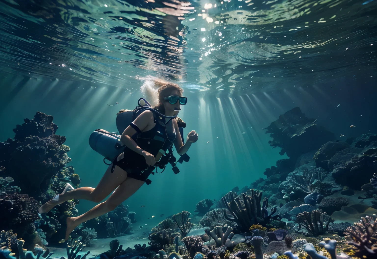 (best quality,4k,8k,highres,masterpiece:1.2),ultra-detailed,(realistic,photorealistic,photo-realistic:1.37), A 23-year-old young woman, preparing to dive in a boat
medium: digital painting
additional details: sparkling water, diving equipment, vibrant underwater flora and fauna, sunlight filtering through the waves
art style: underwater photography
color palette: shades of blue and green, with pops of vibrant coral and sea creatures
lighting: natural sunlight, creating beautiful reflections on the water surface and illuminating the underwater scene.