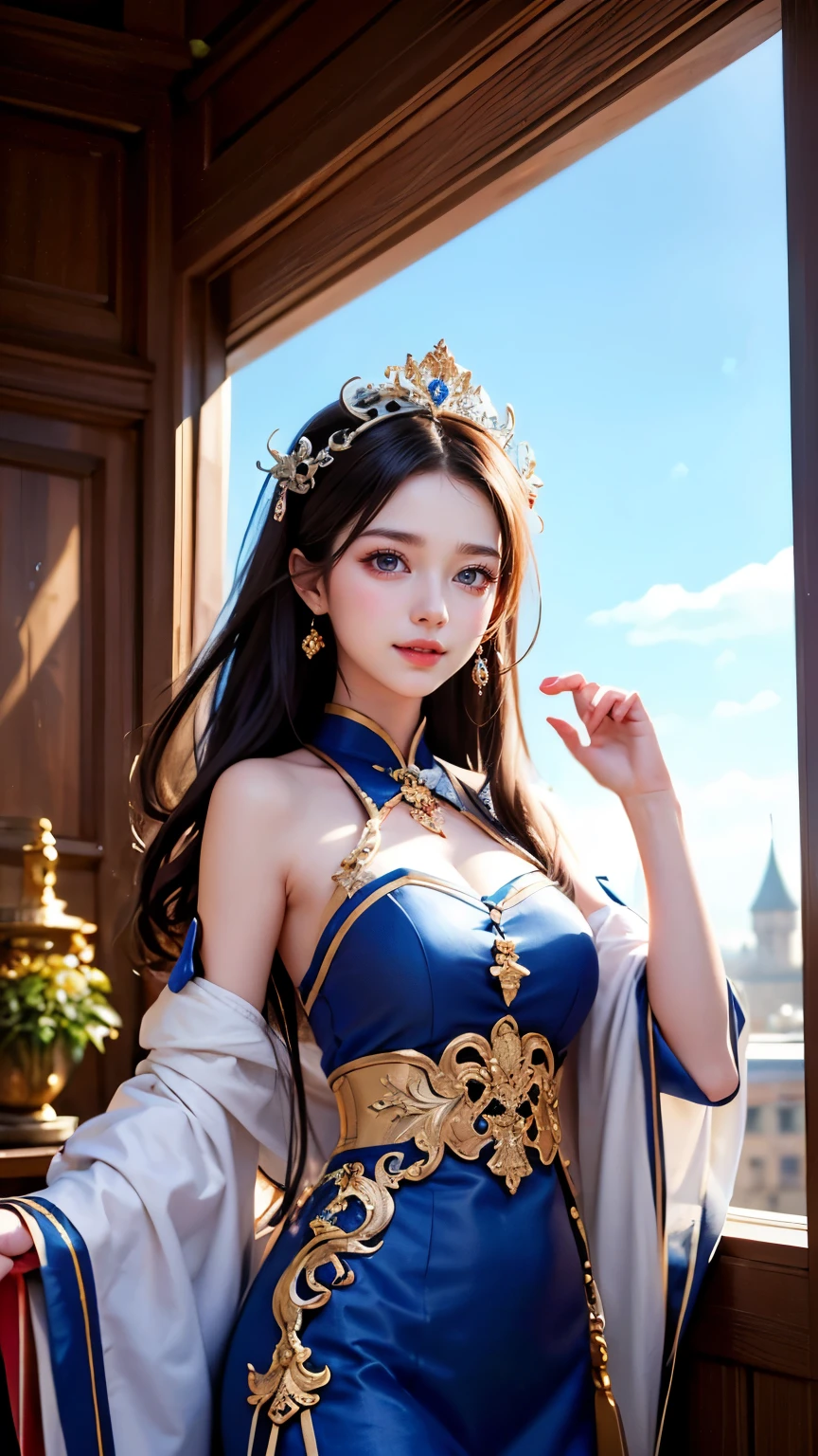 ((最high quality、masterpiece、Like the picture:1.4、In 8K))、Beautiful Woman And Dragon、18-year-old、Beautiful expression、Highly detailed eyes and face、Beautiful and fine details、（Luxury dress in medieval European style、Princess）、Luxury Accessories、（Princess and dragon in European ruins）、wood、Sky Sky、Cinema Lighting、Textured skin、Super Detail、Attention to detail、high quality、High resolution、View your viewers、Elegant smile、whole body、Europe