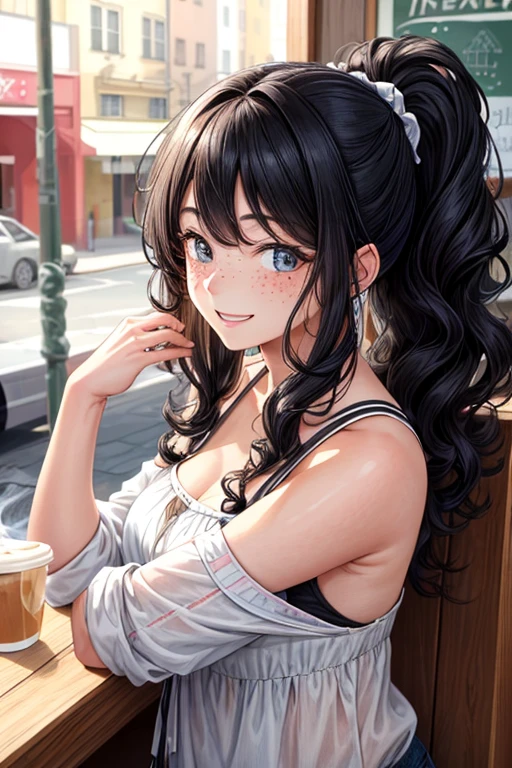 (best quality, highres:1.5), 1girl, named Chica, black hair, her elder sister looking on with amusement as she ties her hair in a ponytail and laughs at the speaker, high-definition image, masterpiece, beautiful Chica, coffee shop setting,

Chica's long and wavy black hair cascades over her shoulders as she ties it back, her eyes sparkling with mischief as she laughs at the humorous comment from a friend. The image boasts extreme detail, from her individually defined curls to the freckles on her nose. The coffee shop in the background is rendered in vivid colors, with the steam rising from her cup adding