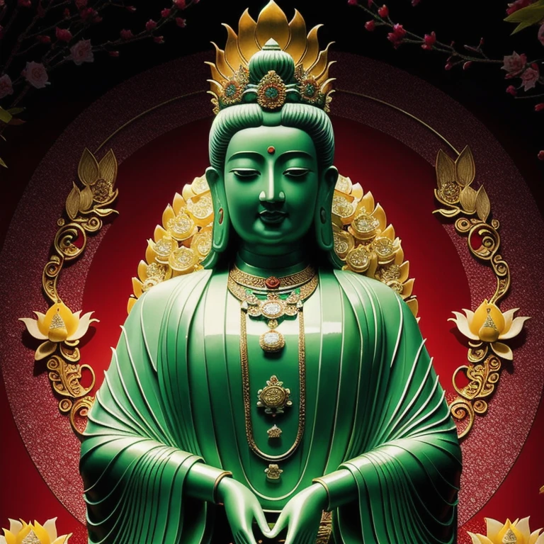 statue of thousand hands guan yin made of jade and jewelry, crystal clear and shinning, beautyfull face, many hands, detailed hands, floating red ruby lotus , full body, masterpieces, super detail, epic composition, ultra HD, high quality, extremely detailed, official art, unified 8k wallpaper, Super detail,