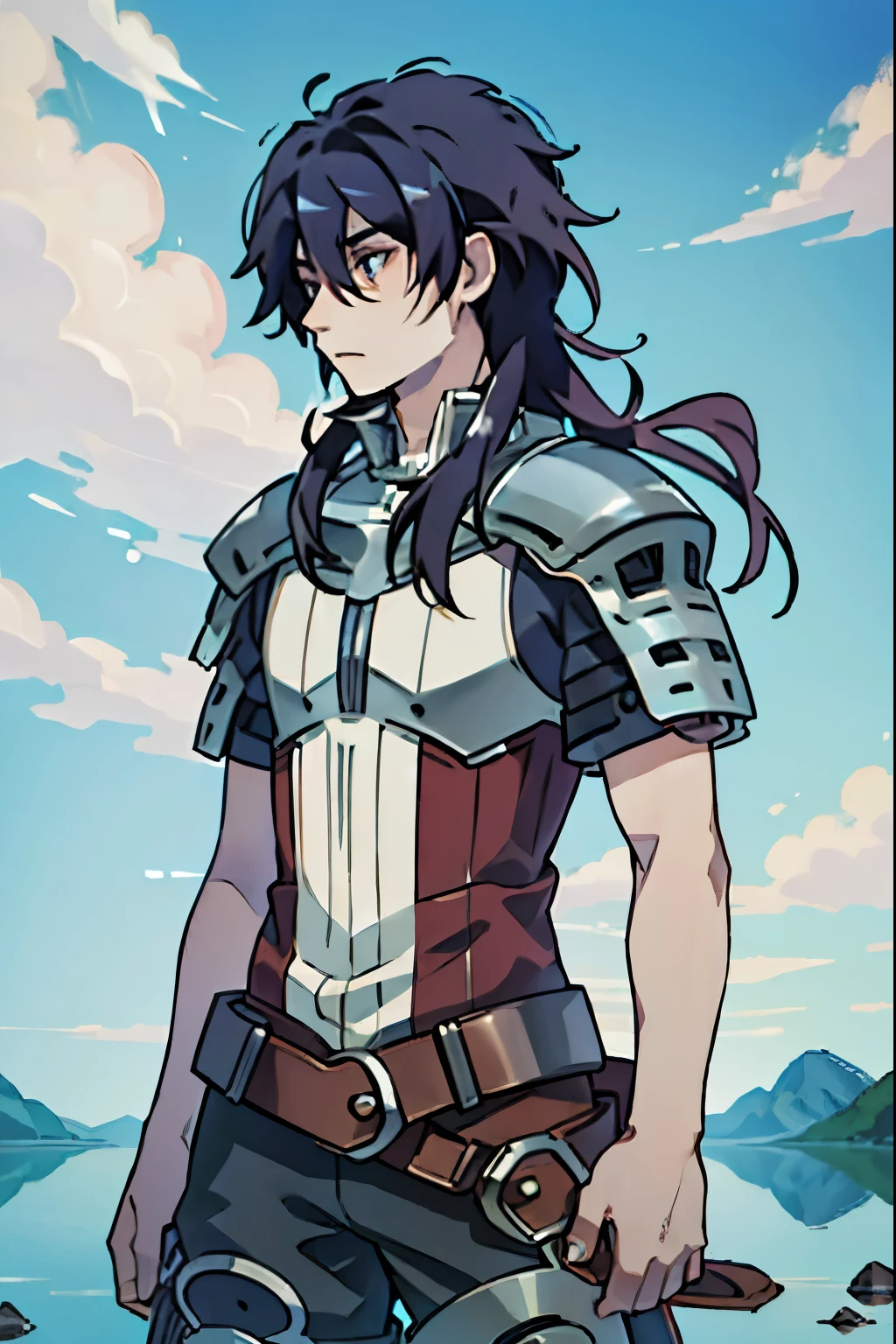 Large medieval kingdom in the background, old mature male, dark blue hair, blue hair, long hair, ((curly hair:1.0)), black eyes, bright eyes, 26 years old, tall, chubby, medieval armor, light armor, red armor, Mystical armor, Golden details on the armor, elsword style armor, Neutral face, cowboy shot, high resolution:1.2, best quality, master part, daylight, Reflection of lens, upper body shot