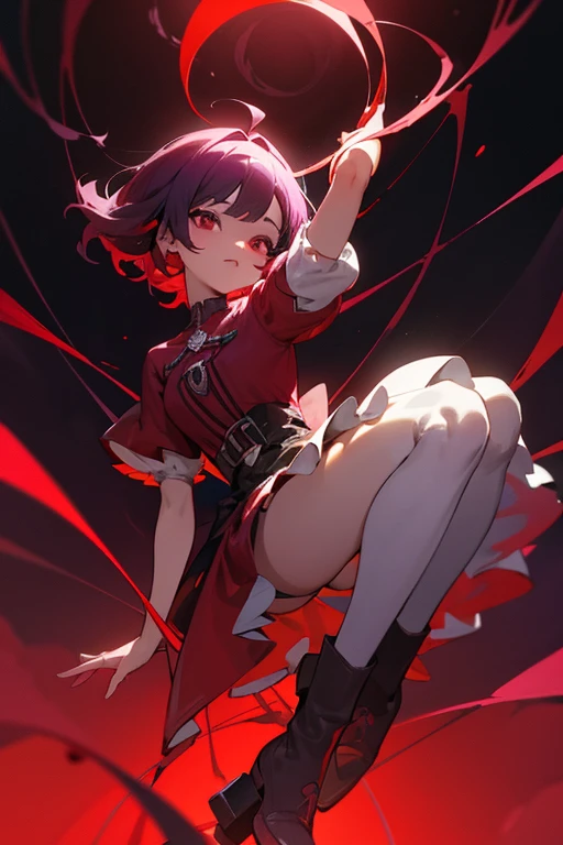 Chica de pelo corto morado con cuernos en espiral de color rojo sangre oscuro con vestido blanco botas negras largas asta las rodillas, abrigo con una cruz roja, ojos color grisaseo., fondo liso, Una calidad de imagen ultraalta, 8k