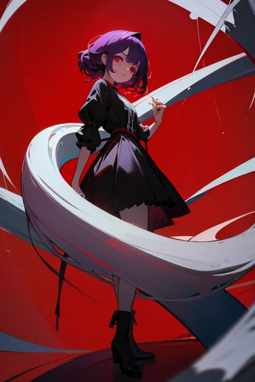 Chica de pelo corto morado con cuernos en espiral de color rojo sangre oscuro con vestido blanco botas negras largas asta las rodillas, abrigo con una cruz roja, ojos color grisaseo., fondo liso, Una calidad de imagen ultraalta, 8k