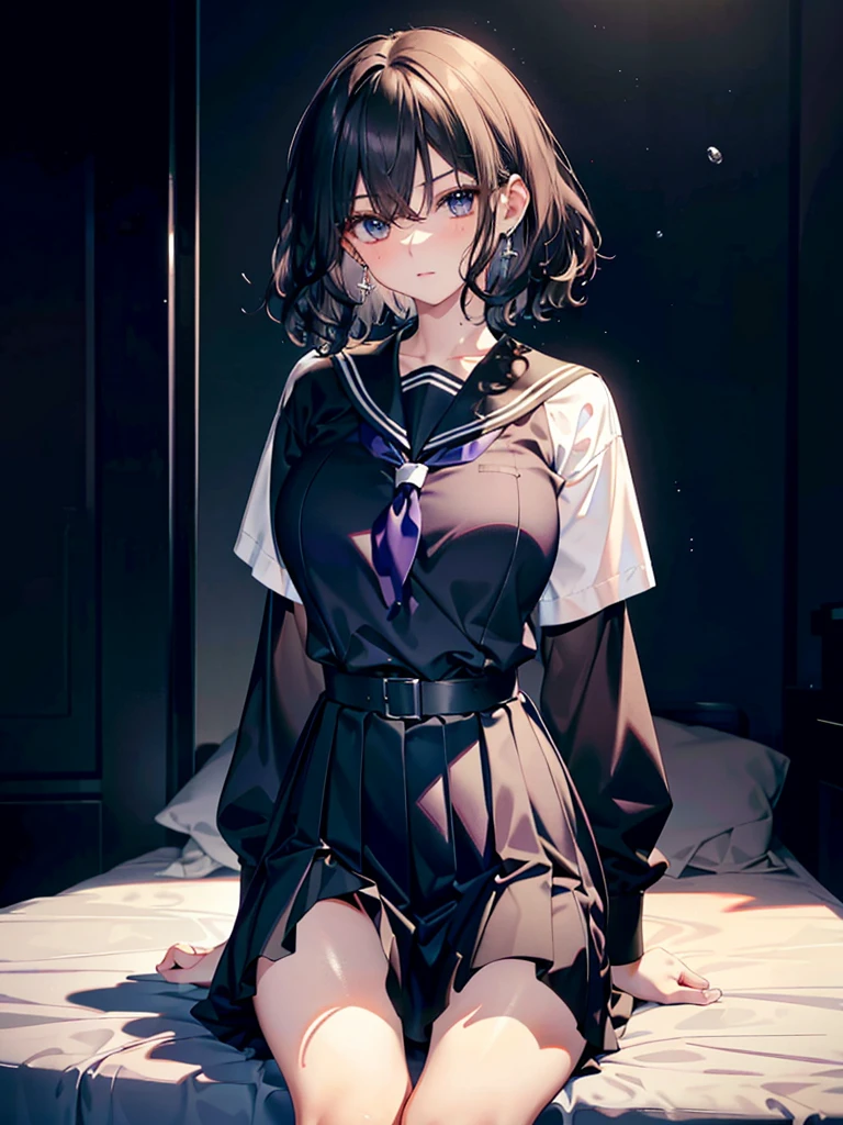 absurdres, RAW photo, extremely delicate and beautiful, masterpiece, Best Quality, ultra high resolution, 32k, hyperrealistic, ultra-detailed, perfect anatomy, anatomically correct, perfect figure, super Detailed skin, 20 years old, very Slim body, narrow waist, very small head, very small face, delicate facial features, detailed face, detailed eyes, tearful mole, earring, thin legs, bare legs, ((very huge round breasts)), short medium hair, ((wavy hair)), wet clothes, ((school uniform)),