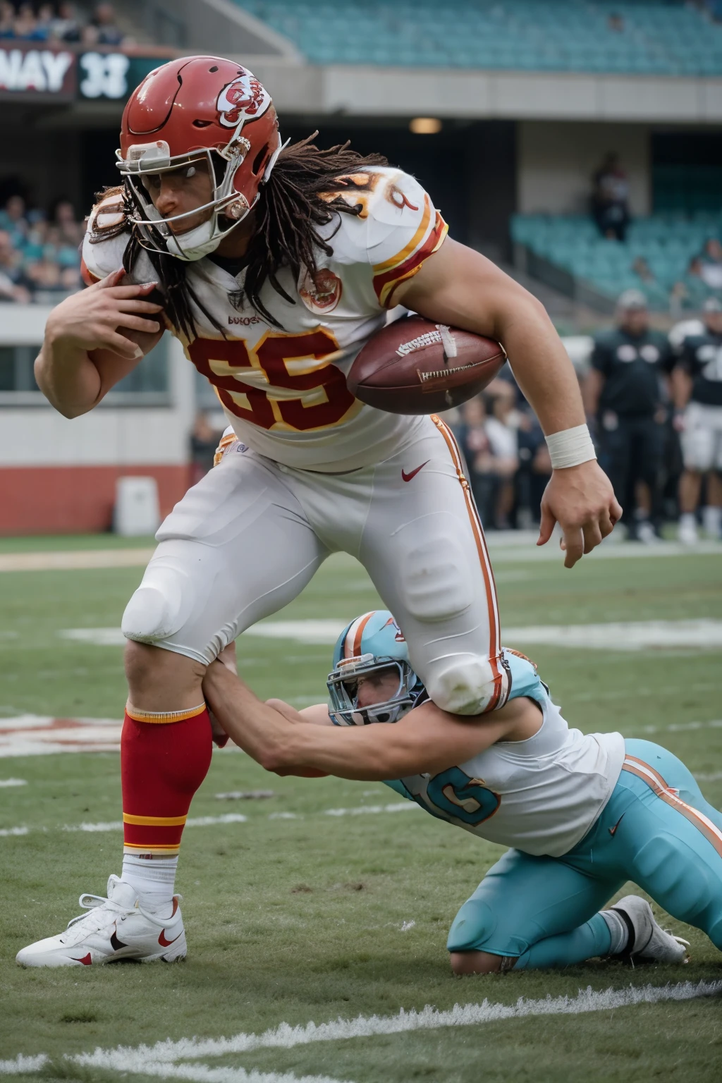 Realistic fierce giant Kansas City Chiefs player wearing a number 66 jersey and 66 on his shoulders smashing a tiny las Vegas raider and Miami dolphins football player at the same time
