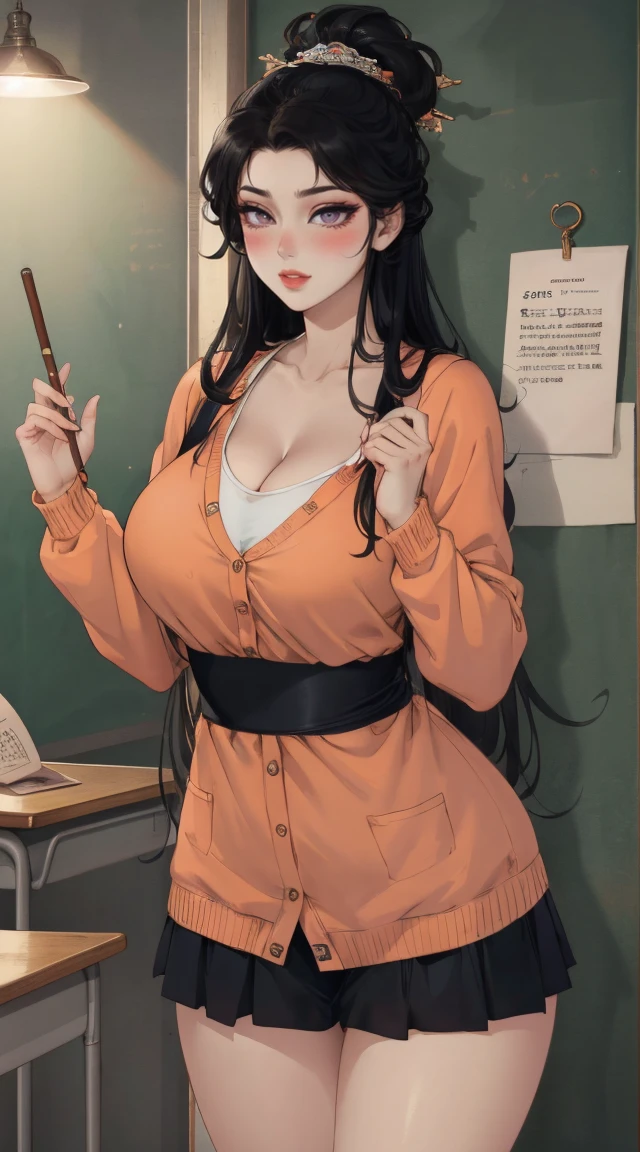 (best quality,4K,8k,high resolution,masterpiece:1.2),Super detailed,(Practical,photoPractical,photo-Practical:1.37),Nezuko Kamado,Sexy teacher,Beautiful and delicate eyes,Beautiful and delicate lips,Long eyelashes,Long black hair,fit,（Big Breasts，Cleavage close-up，Wide hips, Curvy beauty,）cleveage,Revealing clothes,Short skirt,Suggestive underwear,Confident Posture,Teaching sex education,Classroom environment,blackboard,Books and papers,Students focus on,Expression of involvement and interest,Dedicated and professional teaching,Educational posters on the wall,Bright colors,Studio Lighting,soft warm tones,Warm and welcoming atmosphere