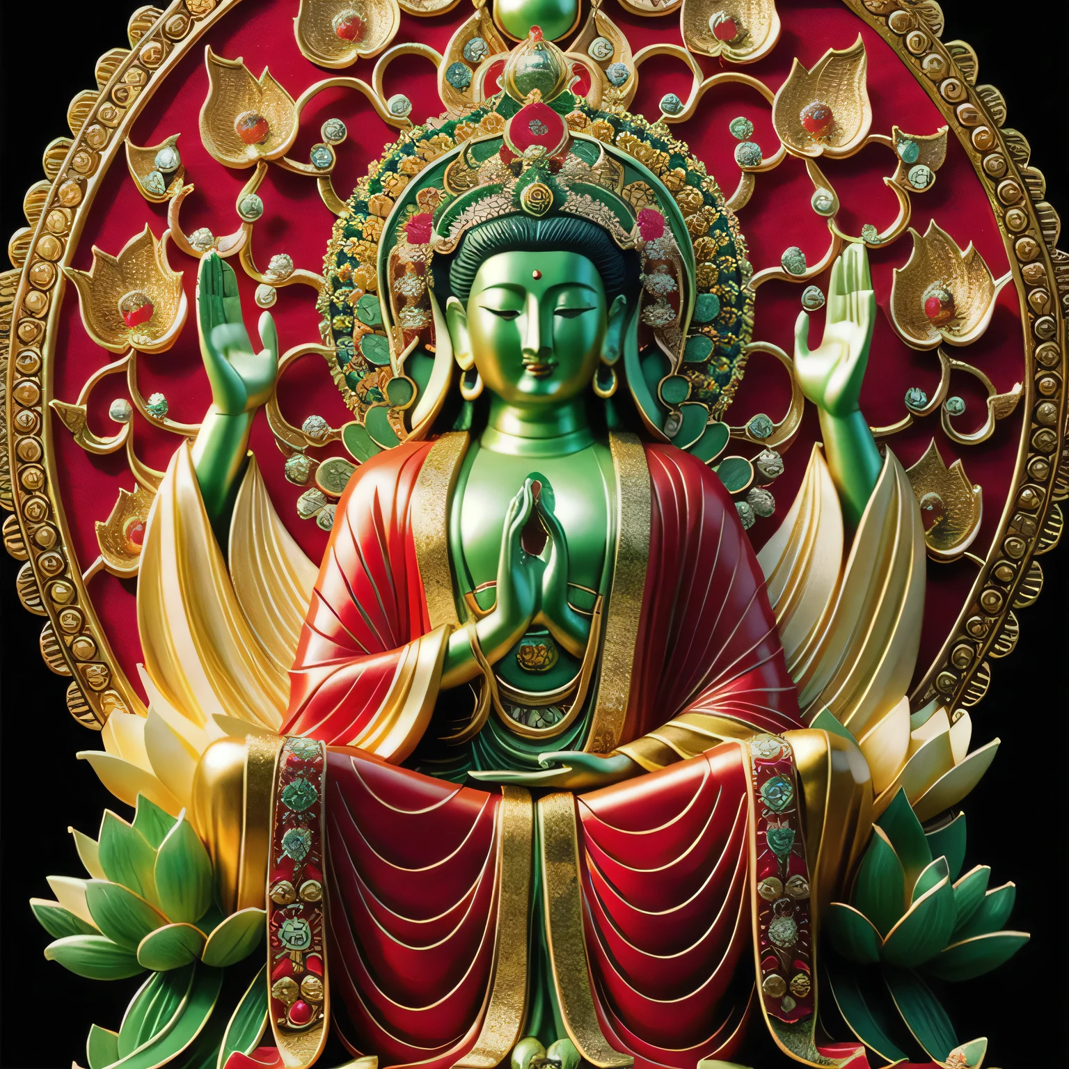  statue of thousand hands guan yin made of jade and jewelry, crystal clear and shinning, beautyfull  face, many hands, detailed hands,  floating red ruby lotus , full body, masterpieces, super detail, epic composition, ultra HD, high quality, extremely detailed, official art, unified 8k wallpaper, Super detail, 