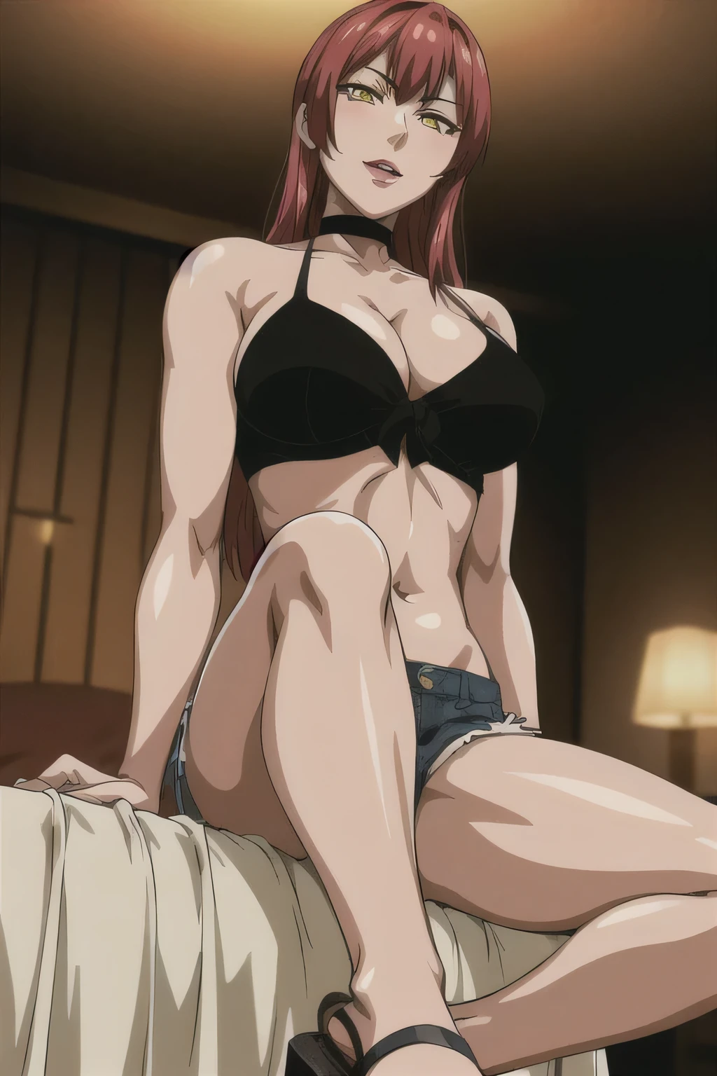 masterpiece, best quality, highres, 2 girls, hirokotakashiro, micro denim shorts, black off shoulder crop top , bedroom, full body shot, (smug:0.3), looking at viewer, focus solo, sexy pose, crossing legs, mature, flip flops, detailed feet, busty, cleavage, redhead, seductive, dangling shoes, red eyeshadow, glossy lips, black choker, long hair, sitting on bed, complete body, seducing, yellow eyes, seducing each other,