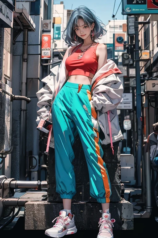 highest quality, Very detailed, masterpiece, 1 person,woman,(((完璧なwomanの体))),Very beautiful face, Very beautiful body,Gentle expression, Very beautiful eyes,(Perfect Makeup:1.1),Fashion Model,Graphic Arts,Cyberpunk Fashion,short hair,Shaggy Hair,Fluorescent pink and blue hair:1.3, Very thin body,Smart Abs, Cyberpunk Costume, Fluorescent orange and blue,Tank top,Painter Pants,Haori,necklace,anklet,Garter Stockings,Two-tone high-top sneakers,A kind smile,Full body portrait,(Street background:1.3), (Shiny skin),(Earrings),Geometric pattern,Full Body Tights,Monogram pattern,Argyle pattern,Tartan,Gradient Graphics,Neon Signs,future,ruins,