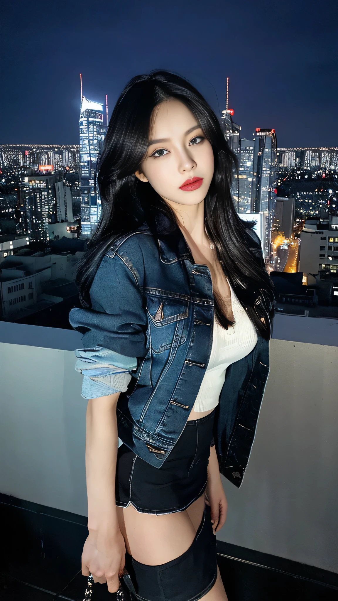 ((midnight, best quality, 8 thousand, masterpiece :1.3)), (enlargement), sharp focus, pretty girl with perfect body, ((black hair, )), (denim jacket, short skirt, standing), ((night city view, rooftop)), Highly detailed face and skin textures, detailed eyes, double eyelid,