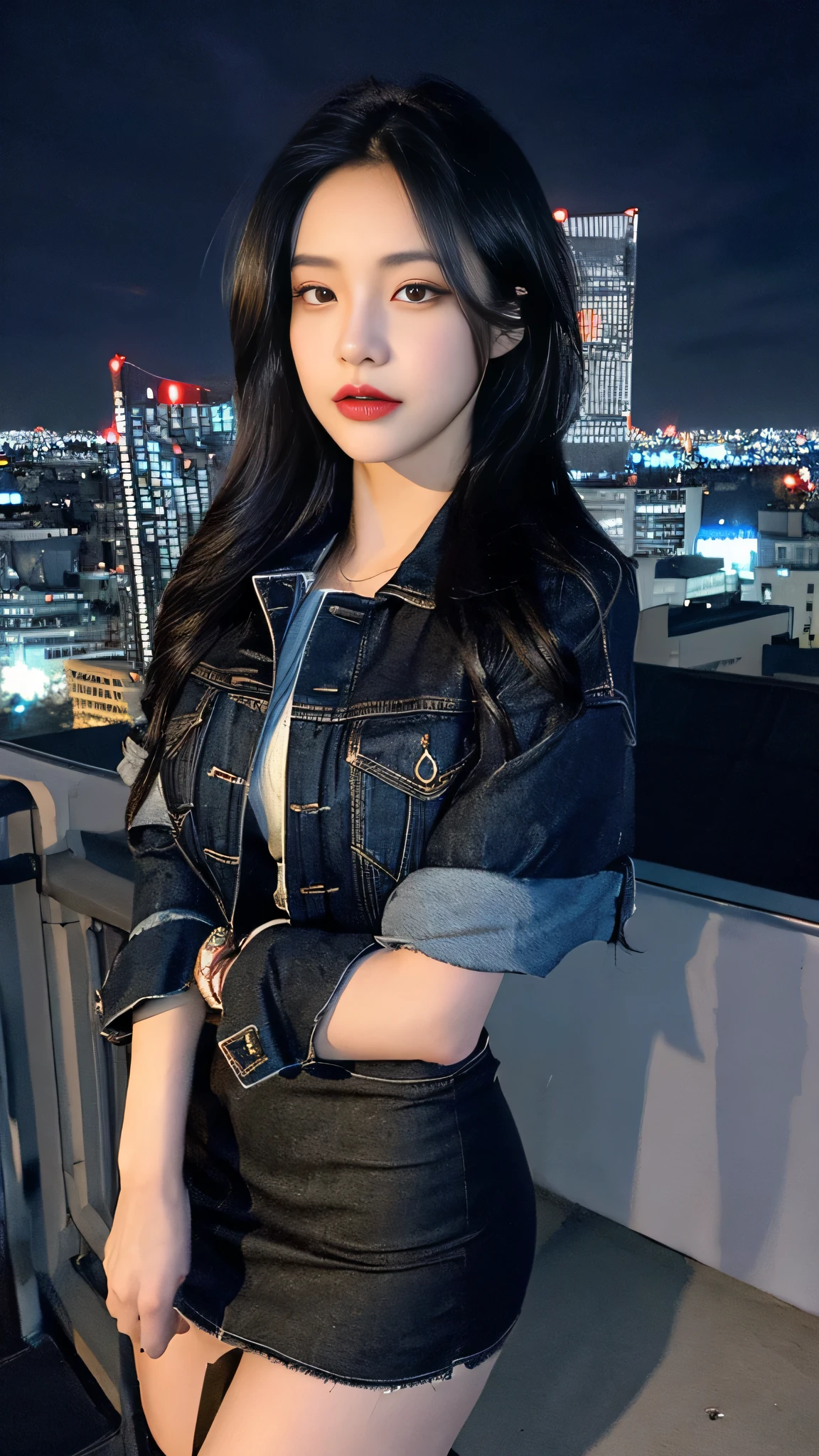 ((midnight, best quality, 8 thousand, masterpiece :1.3)), (enlargement), sharp focus, pretty girl with perfect body, ((black hair, )), (denim jacket, short skirt, standing), ((night city view, rooftop)), Highly detailed face and skin textures, detailed eyes, double eyelid,