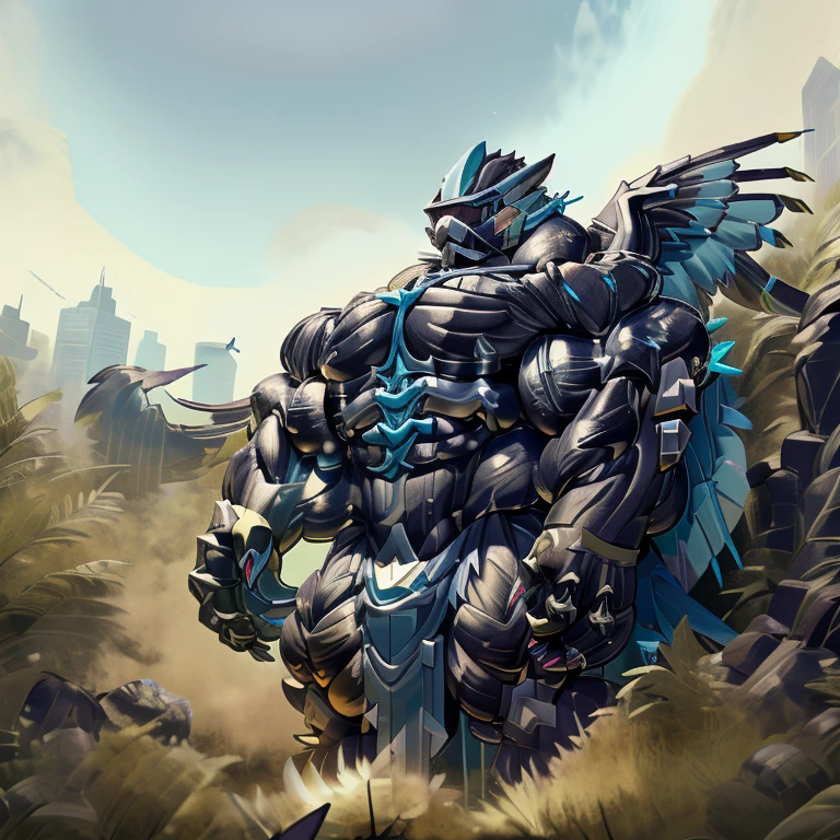 (zeraora), (gigantic muscles), 8K, Masterpiece, highres, future fiction. skyblue visor, Detailed head, Detailed Body, full body, Detailed abs, wearing crNanosuit, big muscle (pecs, triceps, traps) unusually developed muscular body, body full of huge muscles. showing off muscles, pectorales enormes. Exaggeratedly huge muscles. Gigachad Muscular, gigantic muscles, Colossal giant NANOSUIT over a battlefield,
The claws are sharp,
Sharp teeth,
Spread wings, have big wings.
nj5furry, Animal paws,