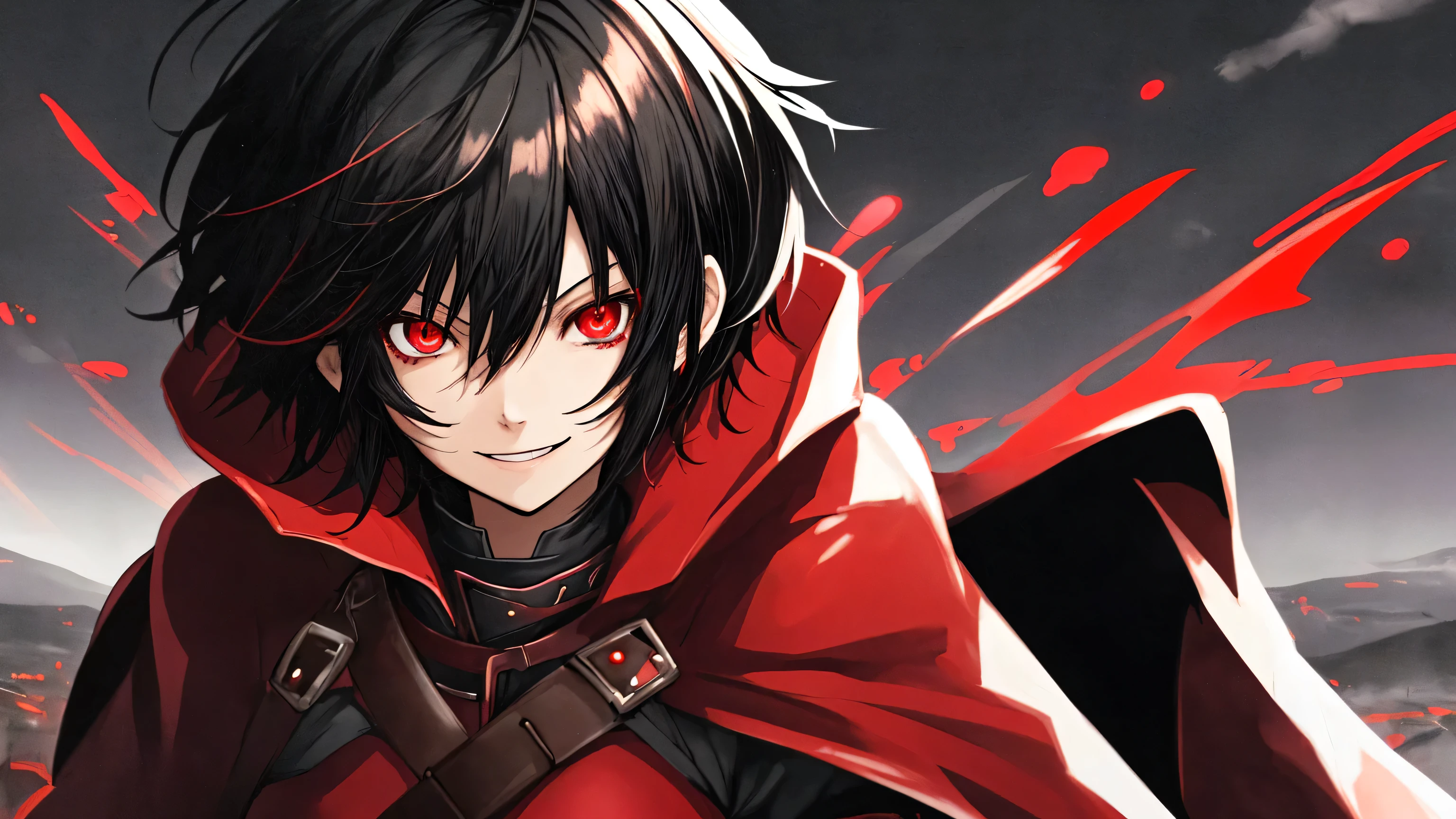 Anime girl, Black Hair, Short Hair, Red Eyes, Holding Red Sword, Psycho Smile, Red Cape, Adventurer Cloth, Night, Realistic Light, Best Quality, 8K