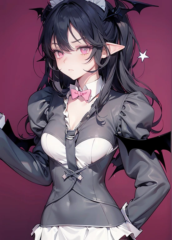 bat wings on sleeves, gray fur, gray bodysuit, ruffled white skirt, slim waist, large breasts, shaded face, pink eyes, cross pupils, bat wings on head, white collar, red bowtie on collar, serious expression, elf ear, frown, disgusted expression, pink star charm on left side of the head