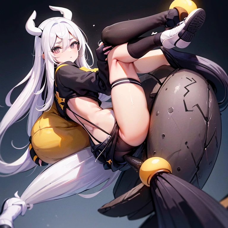 young woman, long black and white hair, black and purple horns, black and yellow sweatshirt, short shorts, with white socks, black, yellow and white sneakers