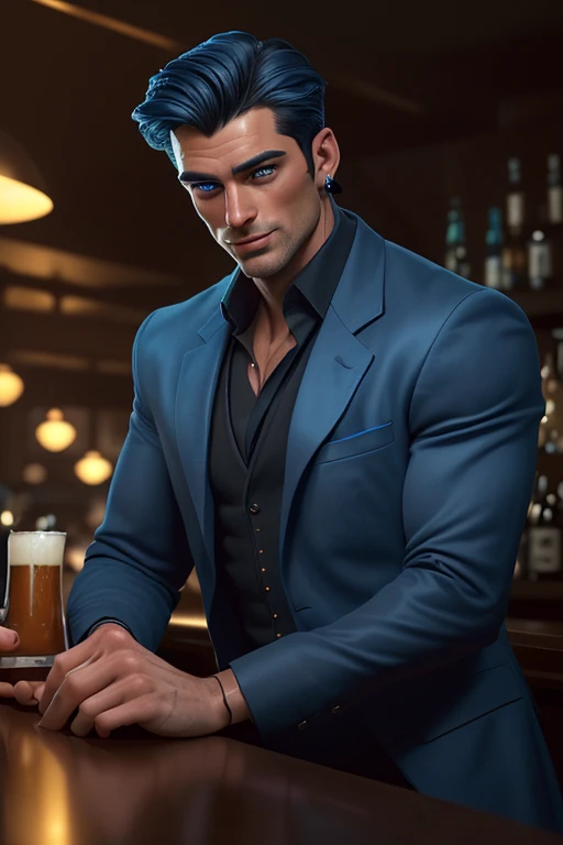 (best quality,4k,8k,highres,masterpiece:1.2),ultra-detailed,handsome, charming,dark-haired,gorgeous blue eyes,stylish black suit,smirking,confident,relaxed,(attractive,good-looking:1.1) face,devilishly handsome, New York bar,top button undone,a glass of beer in his hand,bar counter with bottles of various drinks in the background,faint golden lighting,soft jazz music playing in the background,cosy and upscale atmosphere,people chatting and laughing,diamond earrings shining in his ear,lean and muscular physique,subtle stubble on his jawline,blue monochrome color palette,moody and mysterious lighting,mixture of warm and cool tones.