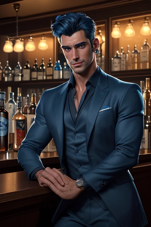 (best quality,4k,8k,highres,masterpiece:1.2),ultra-detailed,handsome, charming,dark-haired,gorgeous blue eyes,stylish black suit,smirking,confident,relaxed,(attractive,good-looking:1.1) face,devilishly handsome, New York bar,top button undone,a glass of beer in his hand,bar counter with bottles of various drinks in the background,faint golden lighting,soft jazz music playing in the background,cosy and upscale atmosphere,people chatting and laughing,diamond earrings shining in his ear,lean and muscular physique,subtle stubble on his jawline,blue monochrome color palette,moody and mysterious lighting,mixture of warm and cool tones.