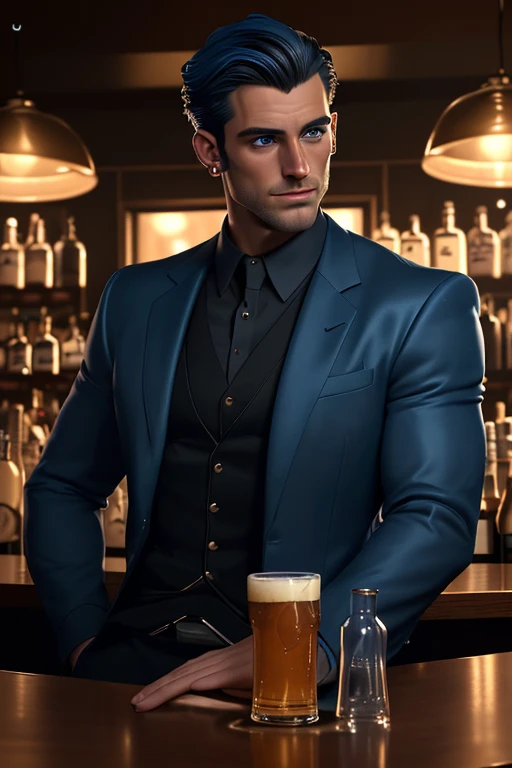 (best quality,4k,8k,highres,masterpiece:1.2),ultra-detailed,handsome, charming,dark-haired,gorgeous blue eyes,stylish black suit,smirking,confident,relaxed,(attractive,good-looking:1.1) face,devilishly handsome, New York bar,top button undone,a glass of beer in his hand,bar counter with bottles of various drinks in the background,faint golden lighting,soft jazz music playing in the background,cosy and upscale atmosphere,people chatting and laughing,diamond earrings shining in his ear,lean and muscular physique,subtle stubble on his jawline,blue monochrome color palette,moody and mysterious lighting,mixture of warm and cool tones.