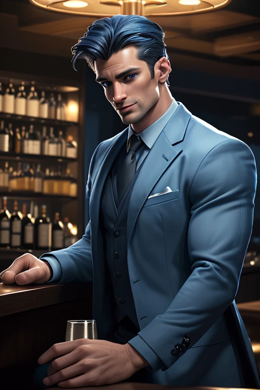 (best quality,4k,8k,highres,masterpiece:1.2),ultra-detailed,handsome, charming,dark-haired,gorgeous blue eyes,stylish black suit,smirking,confident,relaxed,(attractive,good-looking:1.1) face,devilishly handsome, New York bar,top button undone,a glass of beer in his hand,bar counter with bottles of various drinks in the background,faint golden lighting,soft jazz music playing in the background,cosy and upscale atmosphere,people chatting and laughing,diamond earrings shining in his ear,lean and muscular physique,subtle stubble on his jawline,blue monochrome color palette,moody and mysterious lighting,mixture of warm and cool tones.