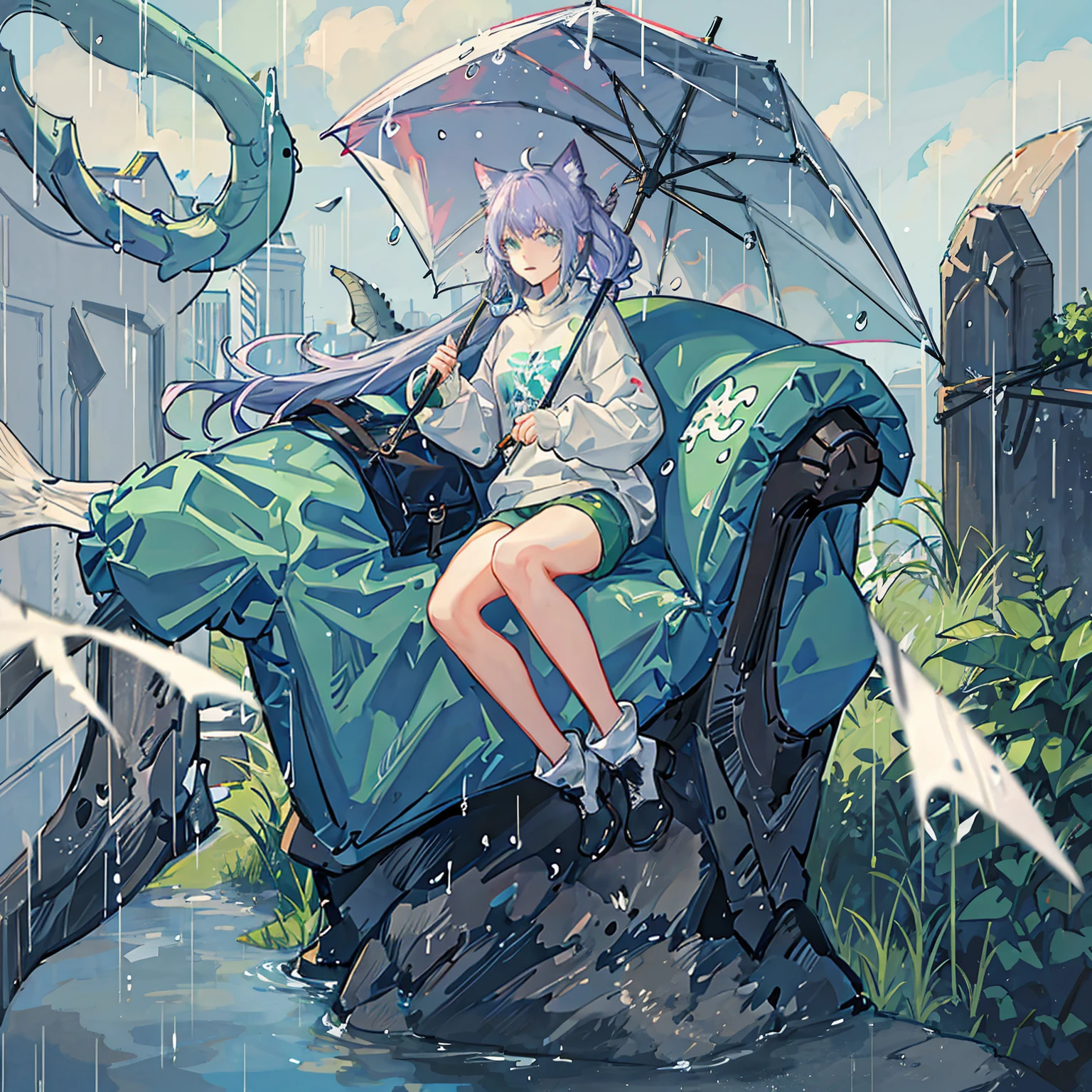 Retro style anime girl with long light lavender hair with bangs and chops aqua green eyes wearing a dinosaur-inspired outfit with a sweatshirt and shorts and rain boots with cat ears in a rainy environment with an umbrella 