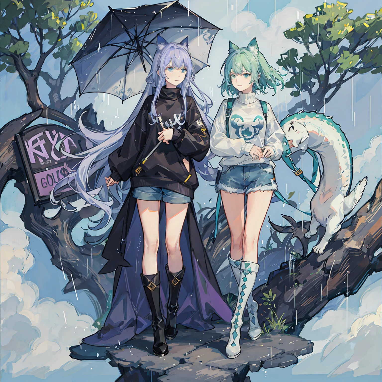 Retro style anime girl with long light lavender hair with bangs and chops aqua green eyes wearing a dinosaur-inspired outfit with a sweatshirt and shorts and rain boots with cat ears in a rainy environment with an umbrella 