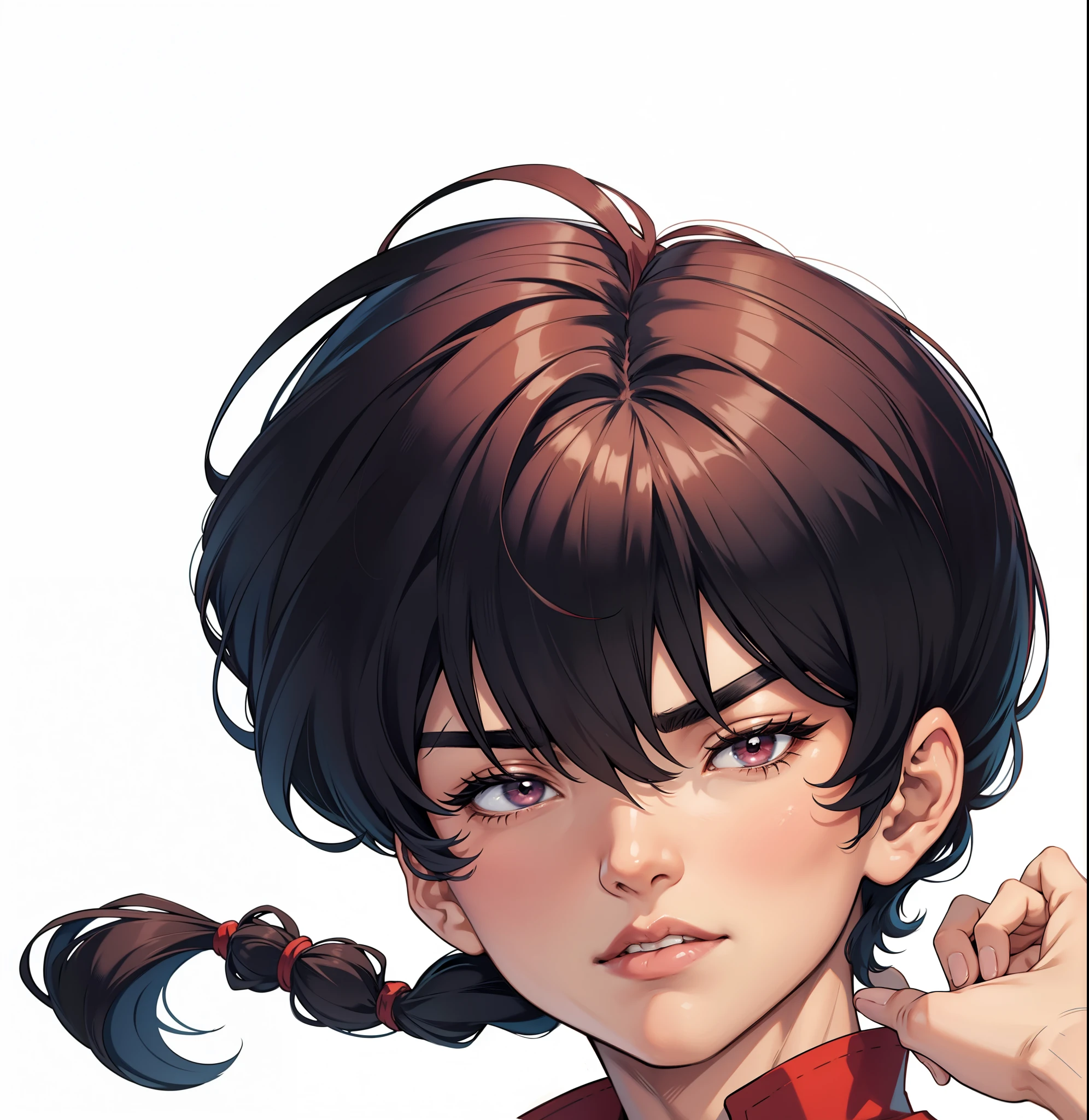 1 Homen, Ranma 1/2 extremamente realista, muito lindo, cabelos pretos, camisa vermelha, black pants