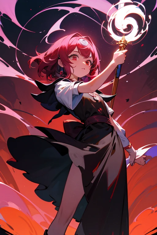 Chica de pelo corto morado diadema de cuernos en espiral de color rojo sangre oscuro con vestido blanco botas negras largas asta las rodillas, abrigo medico con una cruz roja en el lado derecho, ojos color grisaseo., fondo liso, Una calidad de imagen ultraalta, 8k