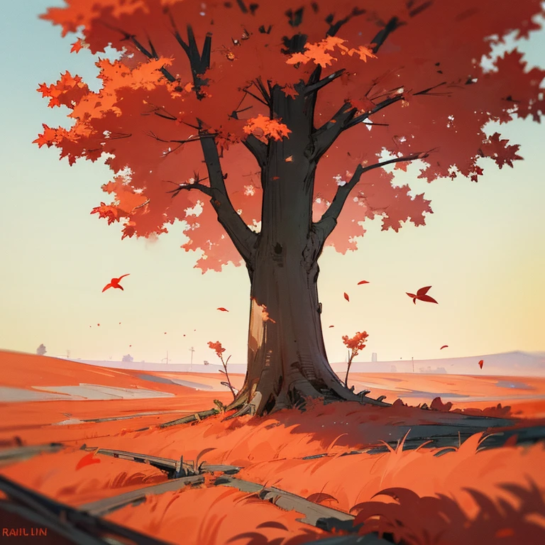 Amidst the vast expanse of a desolate field, a solitary tree with vibrant red leaves stood tall. Its ivory bark contrasted starkly against the crimson foliage, creating a breathtaking sight. The leaves danced gently in the autumn breeze, their colors deepening with each gust of wind. The peacefulness of the scene was only disrupted by the occasional rustling of leaves as small creatures scurried about unnoticed. The tree, a beacon of life and color amid the barren field, seemed to radiate a sense of tranquility and resilience. (High resolution 4K, Immersive, Nature, Autumn, Solitude)