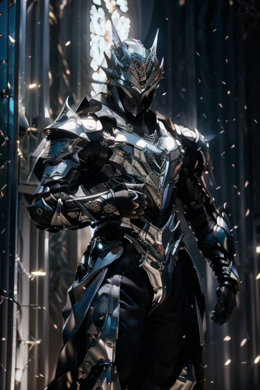 Poderoso rey masculino, (raphtaliacosplay), Ojos grises brillantes, pelo largo plateado, hermoso rostro delicado, un traje real de tela gruesa (blanco), capa gris, ropa estilo tierra media (Fantastic), Armadura plateada brillante, en un reino majestuoso, in the background a magical silver forest, Noche oscura, ethereal lights in the air, ultrarrealista, 8k.