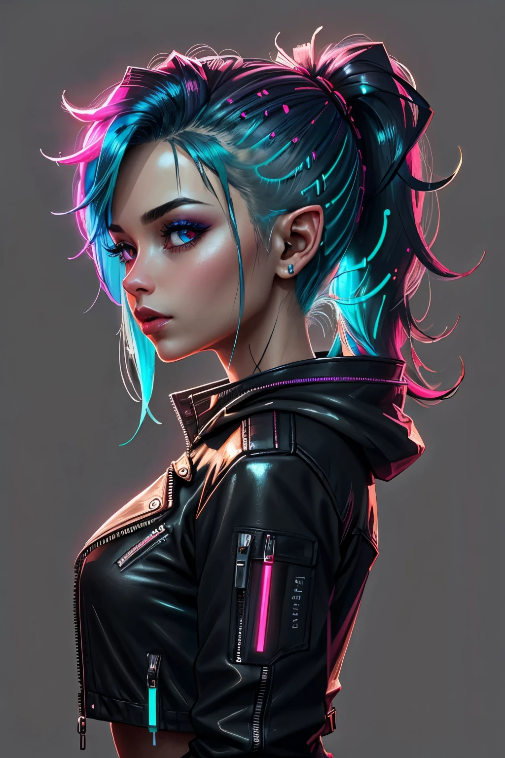 CyberpunkAI, neon, 1girl, elf, neon hair, neon eyes, ponytail hairstyle, black leather jacket