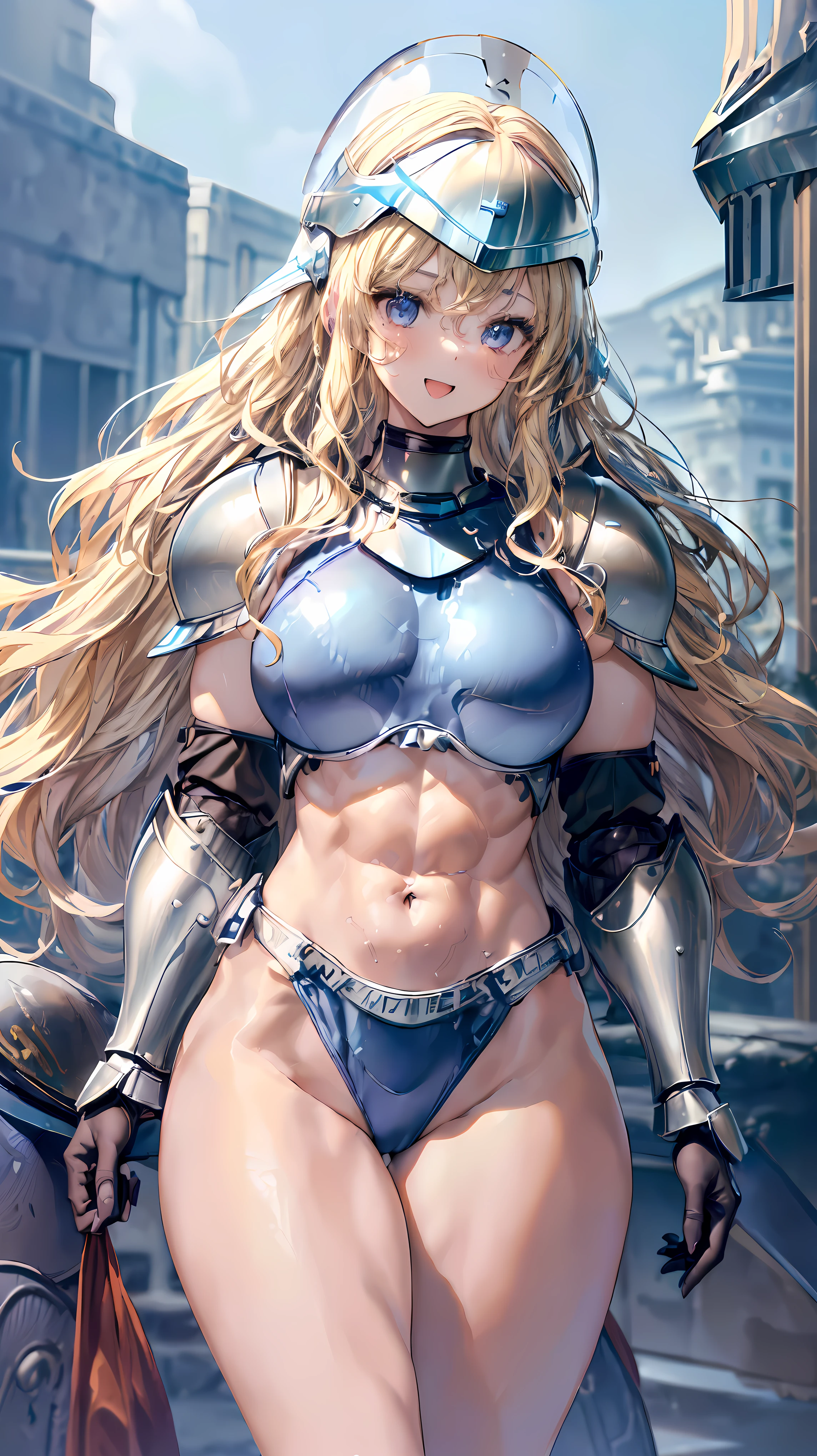 (Adult women:1.5)、Very detailed、highest quality、Best image quality、masterpiece、8k、Anime Face、A kind smile、(Open your mouth:1.3)、Sparkling blue eyes、(Blonde Wavy Hair:1.5)、、Muscles of the whole body、(High leg:1.5)、Thigh belt、(Wearing steel bikini armor:1.5)、(Cowboy Shot:1.5)、(Leg armor:1.5)、(Wearing a helmet:1.5)、SFW Giant