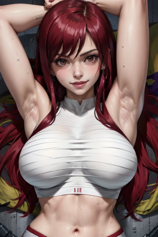 masterpiece, best quality, erza scarlet, wearing white sportbra, croptop, red pants, looking at viewer, large breasts, upper body, portrait, looking at viewer, seductive smile, both hands raised, armpits, armpits visible, sweaty armpits, from above,