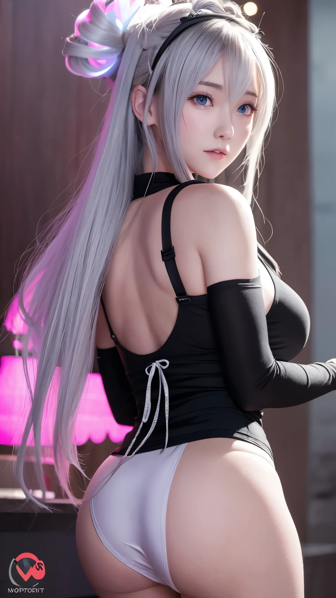 (Best quality, Ultra-detailed, photo-realistic:1.37), Silver-haired woman, Fantastic blue eyes, Happy woman beating eggs with chopsticks, Soft lighting, pink apron, illustration, bangs, Flowing hair, Gentle breeze, Shiny hair, Thick egg whites, Close-up of black stockings, mitts, chef's hat.Blonde hair, Gradient hair, Pink hair, folded ponytail, blue halo, Glowing eyes, Wide eyes, drunk, Anime style, shadowing, back lit lighting, macro photograph, Close-up, first person perspective, head out of frame, hyper HD, High details, Best quality