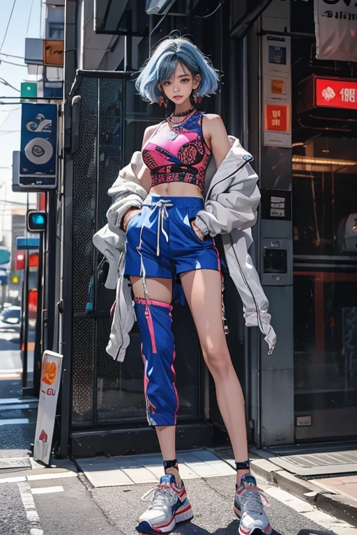 highest quality, Very detailed, masterpiece, 1 person,woman,(((完璧なwomanの体))),Very beautiful face, Very beautiful body,Gentle expression, Very beautiful eyes,(Perfect Makeup:1.1),Fashion Model,Graphic Arts,Cyberpunk Fashion,short hair,Shaggy Hair,Fluorescent pink and blue hair:1.3, Very thin body,Smart Abs, Cyberpunk Costume, Fluorescent orange and blue,Tank top,Painter Pants,Haori,necklace,anklet,Garter Stockings,Two-tone high-top sneakers,A kind smile,Full body portrait,(Street background:1.3), (Shiny skin),(Earrings),Geometric pattern,Full Body Tights,Monogram pattern,Argyle pattern,Tartan,Gradient Graphics,Neon Signs,future,ruins,