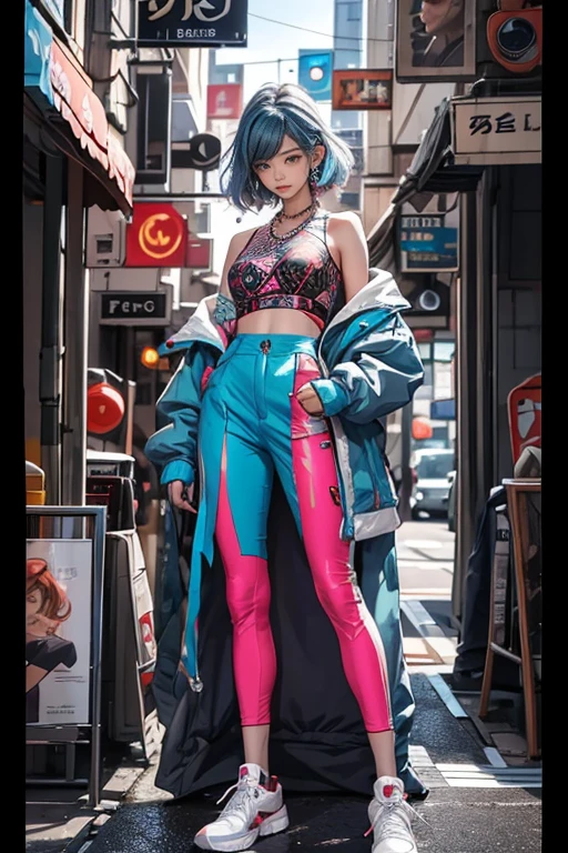 highest quality, Very detailed, masterpiece, 1 person,woman,(((完璧なwomanの体))),Very beautiful face, Very beautiful body,Gentle expression, Very beautiful eyes,(Perfect Makeup:1.1),Fashion Model,Graphic Arts,Cyberpunk Fashion,short hair,Shaggy Hair,Fluorescent pink and blue hair:1.3, Very thin body,Smart Abs, Cyberpunk Costume, Fluorescent orange and blue,Tank top,Painter Pants,Haori,necklace,anklet,Garter Stockings,Two-tone high-top sneakers,A kind smile,Full body portrait,(Street background:1.3), (Shiny skin),(Earrings),Geometric pattern,Full Body Tights,Monogram pattern,Argyle pattern,Tartan,Gradient Graphics,Neon Signs,future,ruins,