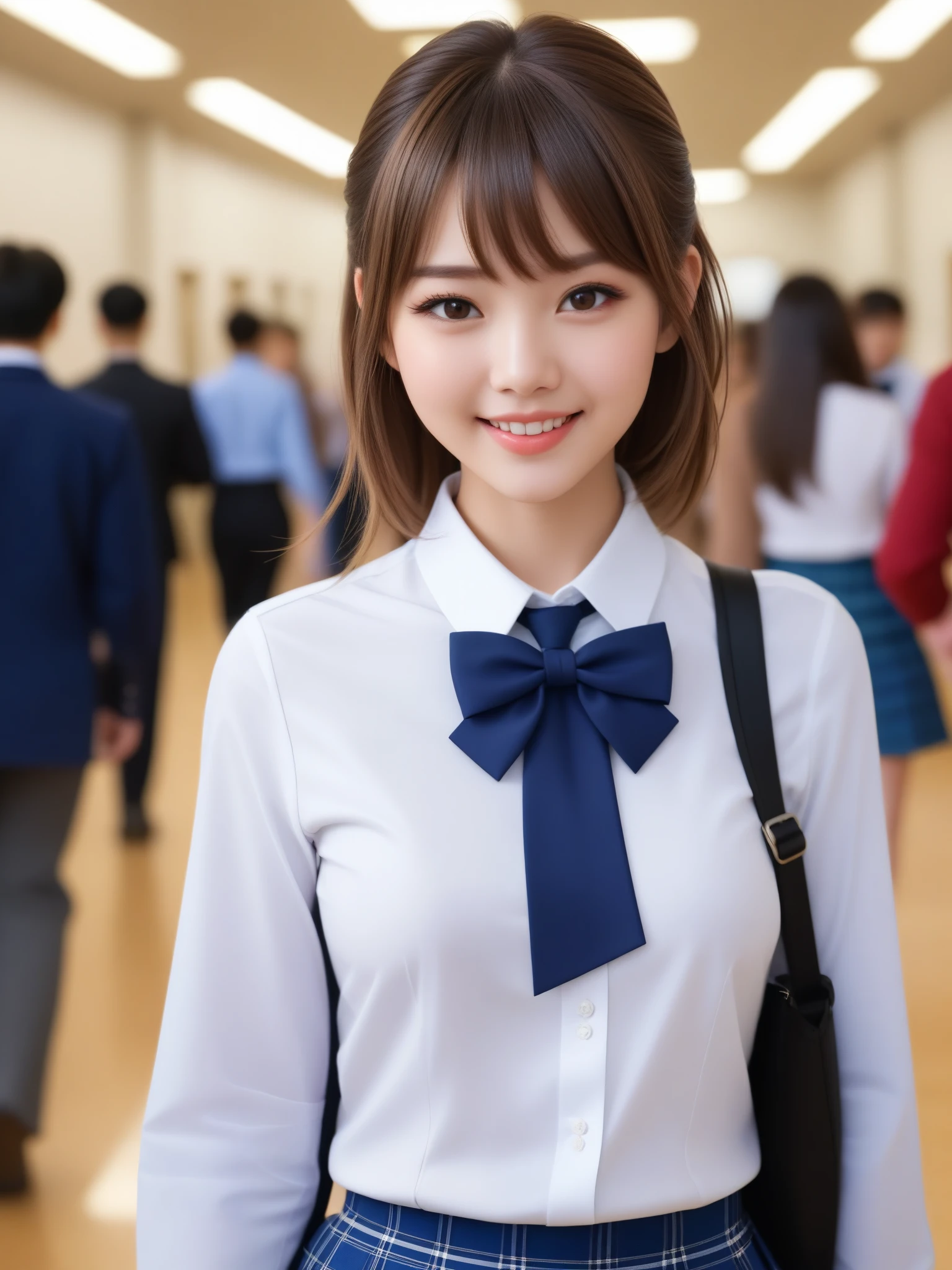 product quality, 1girl, upper body shot, front view, a Japanese young pretty girl, 18 years old, short hair, walking with a big smile on a crowded corridor in a high school, glamorous figure, busty, wearing a white collared shirt of long sleeves, plain dark blue bow tie, dark blue tartan plaid pleated skirt, a school bag on her shoulder, hyper cute face, glossy lips, double eyelids in both eyes, natural makeup, long eyelashes, shiny smooth light brown hair, asymmetrical bangs, fair skin, central image, high resolution, high detail, detailed hairstyle, detailed face, spectacular cinematic lighting, octane rendering, vibrant, hyper realistic, perfect limbs, perfect anatomy