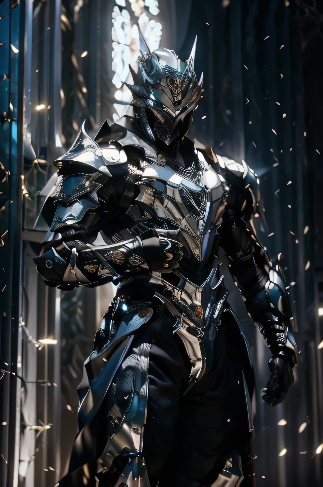 Poderoso rey masculino, (raphtaliacosplay), Ojos grises brillantes, pelo largo plateado, hermoso rostro delicado, un traje real de tela gruesa (blanco), capa gris, ropa estilo tierra media (Fantastic), Armadura plateada brillante, en un reino majestuoso, in the background a magical silver forest, Noche oscura, ethereal lights in the air, ultrarrealista, 8k.