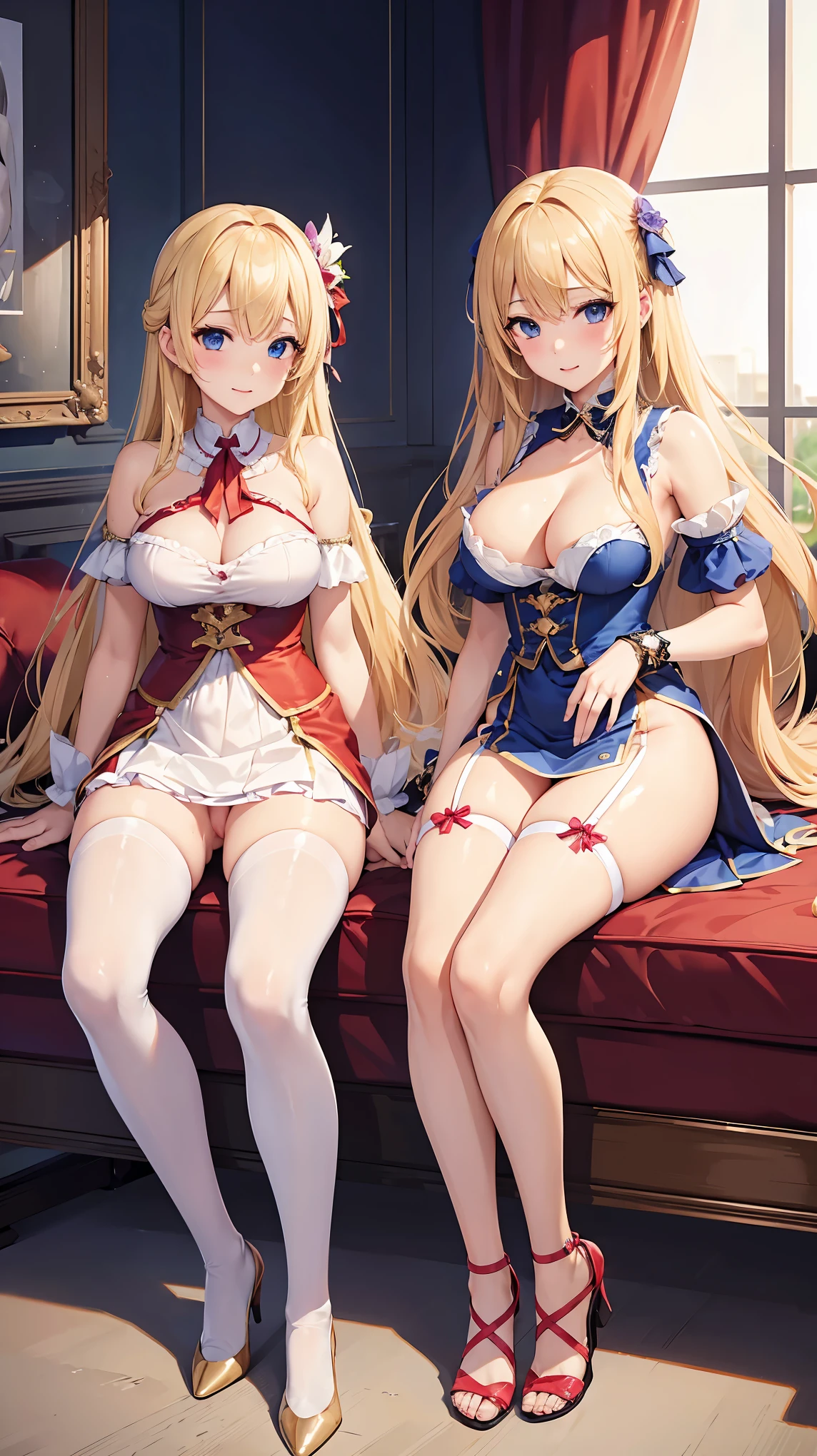 ((highest quality、High resolution))、Blonde、Two cosplay beauties inviting you to sex、No panties、((I'll show you my pussy))、Love juice