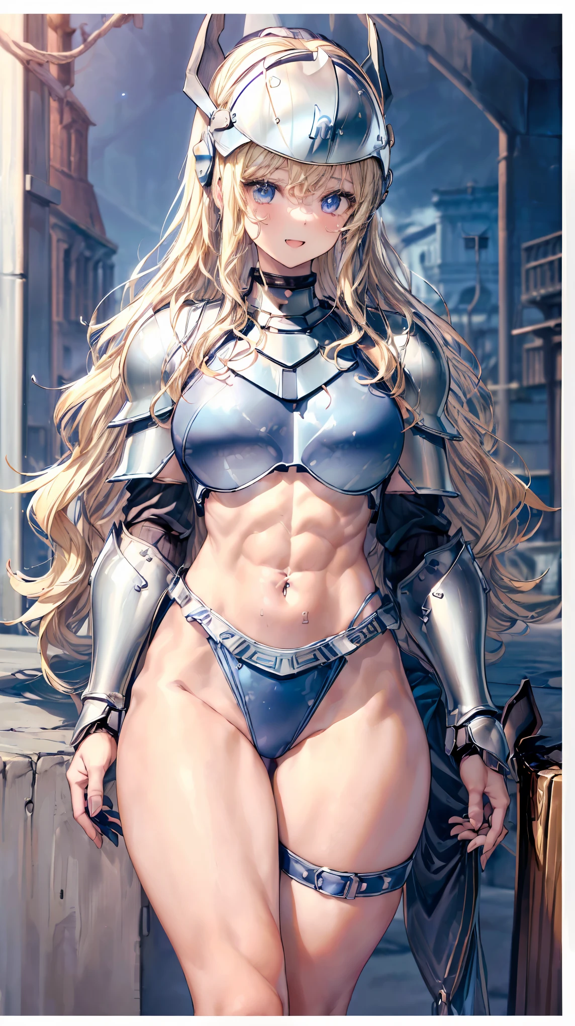 (Adult women:1.5)、Very detailed、highest quality、Best image quality、masterpiece、8k、Anime Face、A kind smile、(Open your mouth:1.3)、Sparkling blue eyes、(Blonde Wavy Hair:1.5)、、Muscles of the whole body、(High leg:1.5)、Thigh belt、(Wearing steel bikini armor:1.5)、(Cowboy Shot:1.5)、(Leg armor:1.5)、(Wearing a helmet:1.5)、SFW Giant