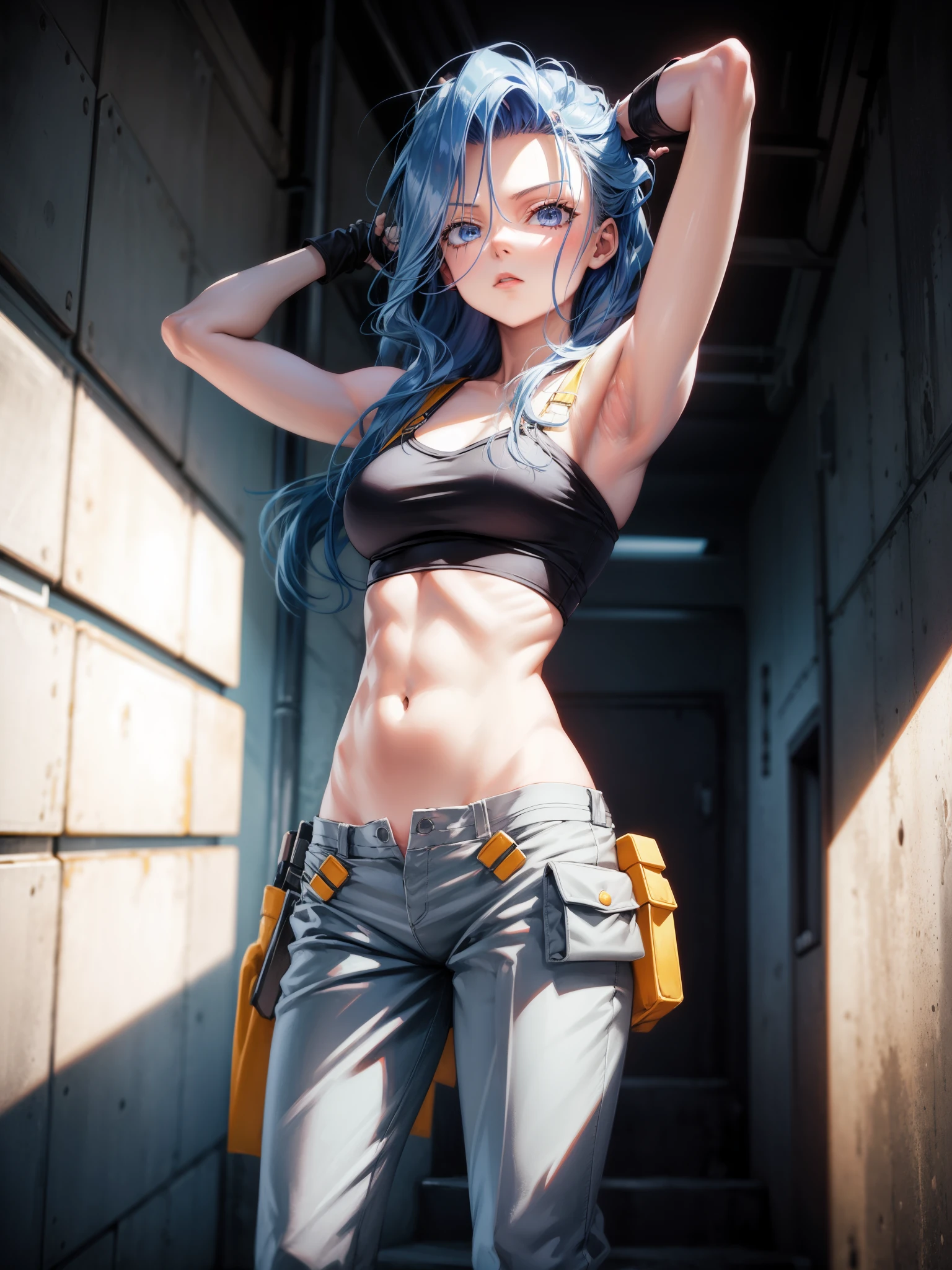 score_9, score_8_up, score_7_up,    solo, 1girl, mikasa ackerman, cammystretch, standing, stretching, arms up, tank top, baggy pants, fingerless gloves, navel, pants,  concept art, realistic  expressiveh  d4rk01l 