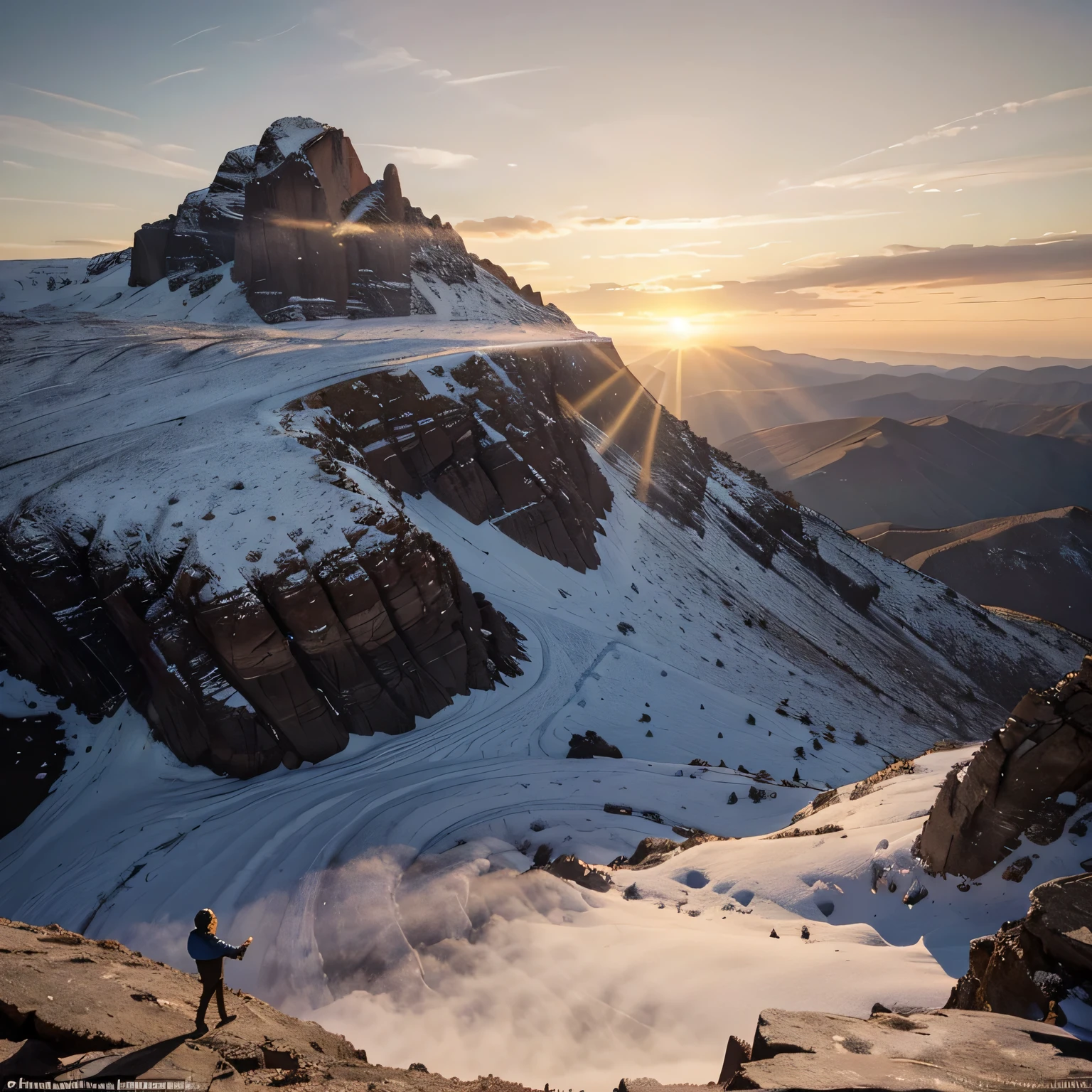 In this awe-inspiring photograph, a lone figure stands atop a towering mountain peak, bathed in the warm glow of the rising sun. The rugged terrain and the vast expanse of the landscape below serve as a testament to the challenges overcome. With outstretched arms and a triumphant gaze, the figure embodies resilience and determination.

The image captures the essence of pushing beyond one's limits and conquering the seemingly insurmountable. It is a visual representation of the human spirit's ability to rise above adversity and reach new heights. The message conveyed is one of empowerment and inspiration, urging viewers to believe in their own potential and never give up on their dreams.

As the morning light illuminates the scene, it symbolizes the dawn of a new beginning, filled with endless possibilities for those who dare to chase after their aspirations. This iconic photograph serves as a timeless reminder that with perseverance and courage, nothing is impossible.