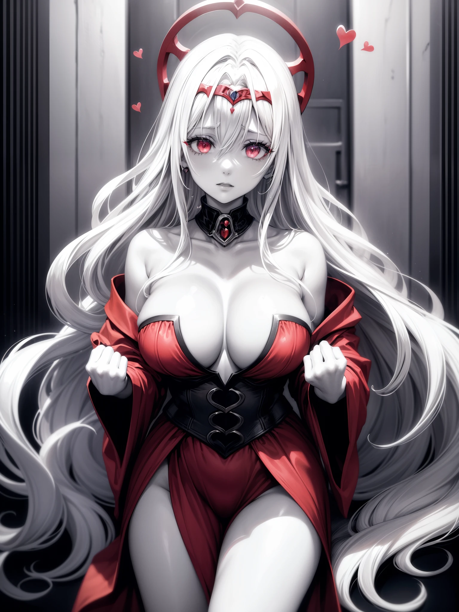 score_9, score_8_up, score_7_up, 1girl, (monochrome:1.35), one color, white hair, (red hearts:1.2), tiara, naughty, long hair, breasts, satin bathrobe, (grayscale), (black and white:1.15), (green eyes:1) expressiveH