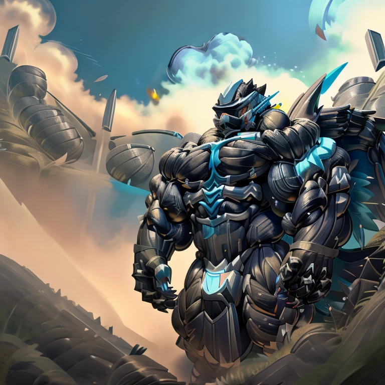 (zeraora), (gigantic muscles), 8K, Masterpiece, highres, future fiction. skyblue visor, Detailed head, Detailed Body, full body, Detailed abs, wearing crNanosuit, big muscle (pecs, triceps, traps) unusually developed muscular body, body full of huge muscles. showing off muscles, pectorales enormes. Exaggeratedly huge muscles. Gigachad Muscular, gigantic muscles, Colossal giant NANOSUIT over a battlefield, 
The claws are sharp,
Sharp teeth,
Spread wings, have big wings.
nj5furry, Animal paws, Illustrator knight holding a giant sword