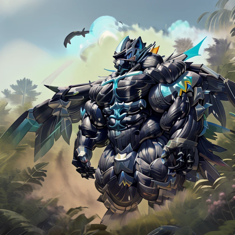 (zeraora), (gigantic muscles), 8K, Masterpiece, highres, future fiction. skyblue visor, Detailed head, Detailed Body, full body, Detailed abs, wearing crNanosuit, big muscle (pecs, triceps, traps) unusually developed muscular body, body full of huge muscles. showing off muscles, pectorales enormes. Exaggeratedly huge muscles. Gigachad Muscular, gigantic muscles, Colossal giant NANOSUIT over a battlefield, 
The claws are sharp,
Sharp teeth,
Spread wings, have big wings.
nj5furry, Animal paws, Illustrator knight holding a giant sword