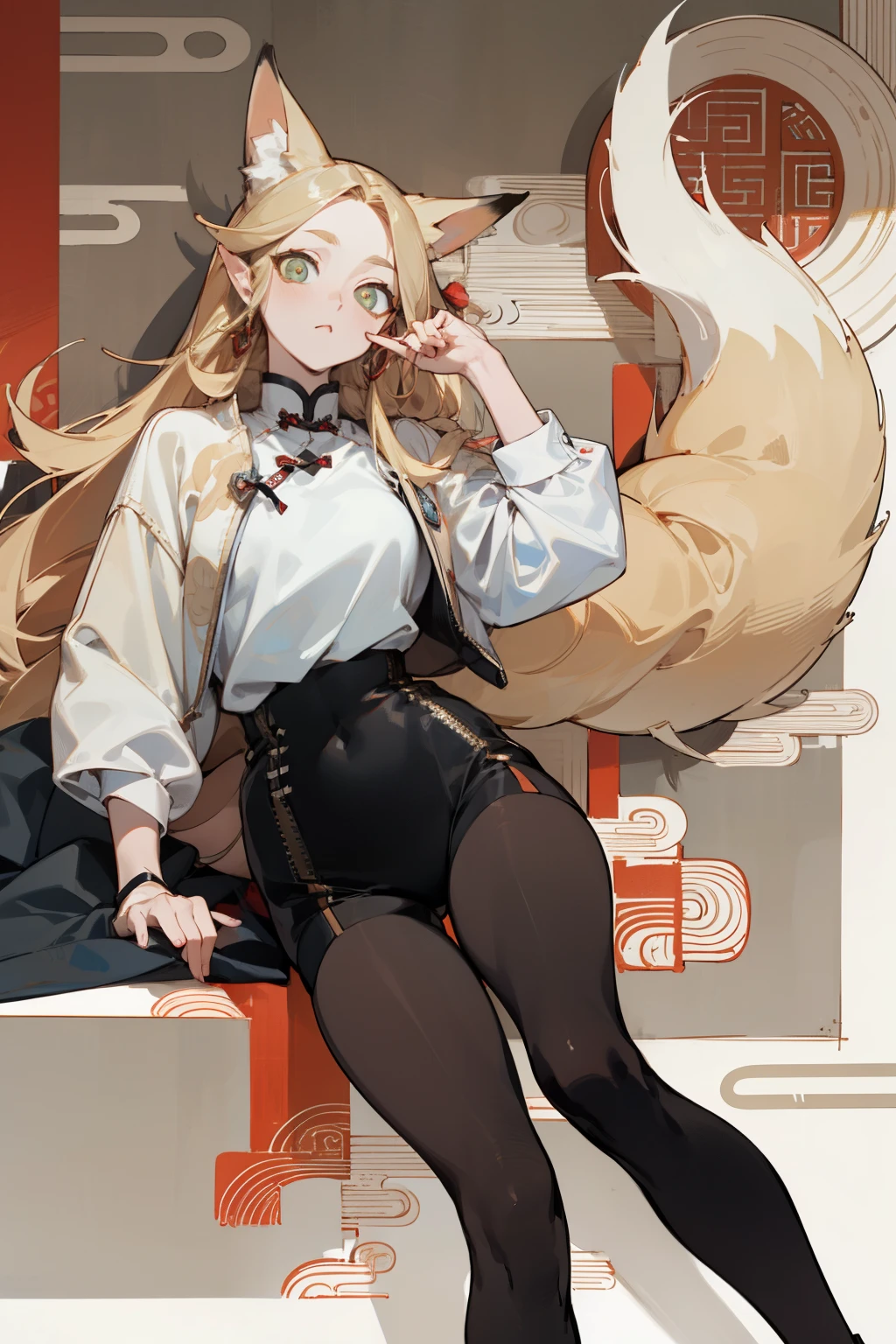 (masterpiece, best quality) detailed, Wearing black tights, silver accessories , The zipper is not closed , Blonde ,elegant, (Fox ears),Red Eyeshadow, ,whole body,Chinese element pattern,thigh,漏出thigh,White shirt