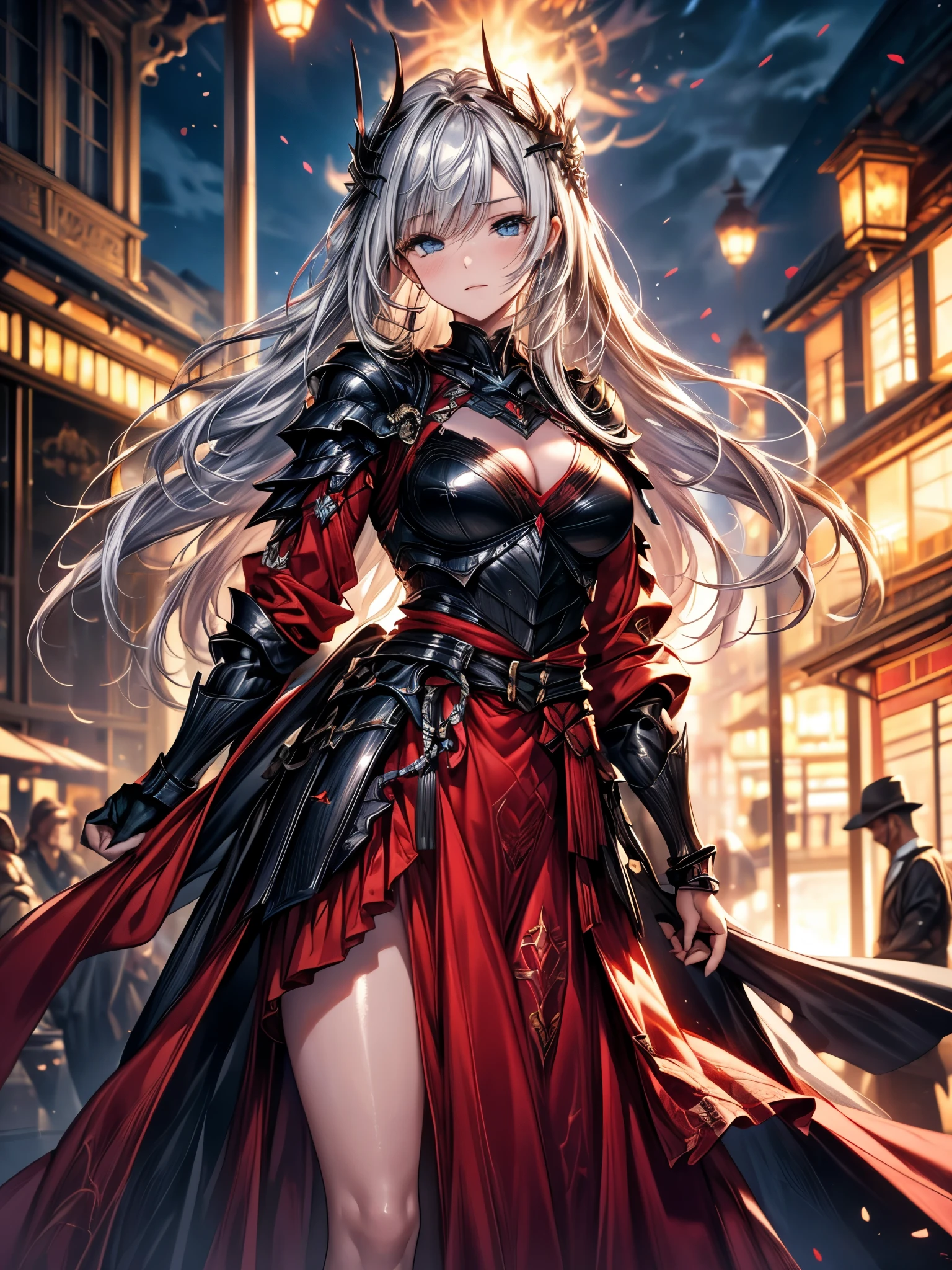 ((Ultra-delicate)), (Be focused), (high resolution), Deformed depth of field blurred background, (Detailed background), Perfect layer cut, (full-body shot/Cowboy shooting), middle Ages, European castle street, One, beautiful general, alone, confident, Silver hair with gradient stripes and blue tail, Light blue eyes, thin eyebrows, Upper Eye, ((delicate eyes)), Sexy lips, lip details, Detailed face, (Full of power, muscle:1.2), complicated, Female General, Red robe, (Huge combat sword, /On the back /holding in right hand, Black shiny, Super sharp), dark, complicated, (Black heavy armor), red trim, Extremely detailed armor patterns, (Ultra-delicate铠甲), Combat boots, Extremely high armor polishing technology, wind, CG unity, Artistic, 8k, Octane Render,