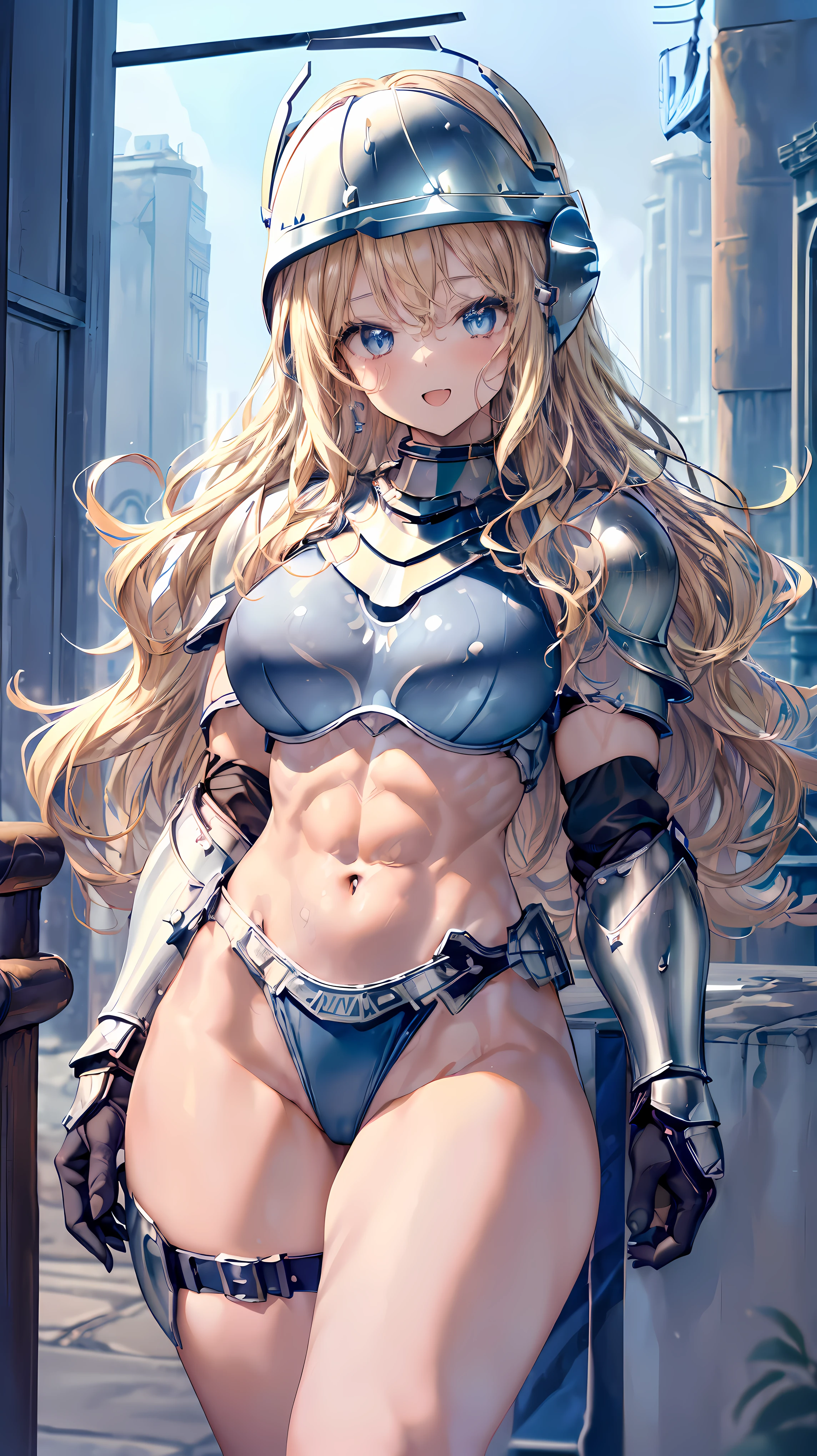 (Adult women:1.5)、Very detailed、highest quality、Best image quality、masterpiece、8k、Anime Face、A kind smile、(Open your mouth:1.3)、Sparkling blue eyes、(Blonde Wavy Hair:1.5)、、Muscles of the whole body、(High leg:1.5)、Thigh belt、(Wearing steel bikini armor:1.5)、(Cowboy Shot:1.5)、(Leg armor:1.5)、(Wearing a helmet:1.5)、SFW Giant